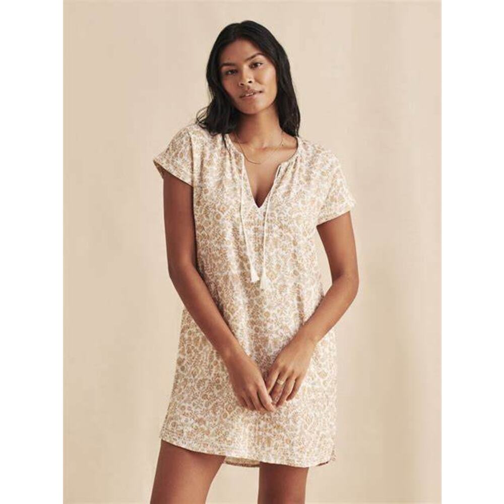 Faherty Ninie Organic Cotton Cream Floral Brown Mini Dress Peach Vines XS